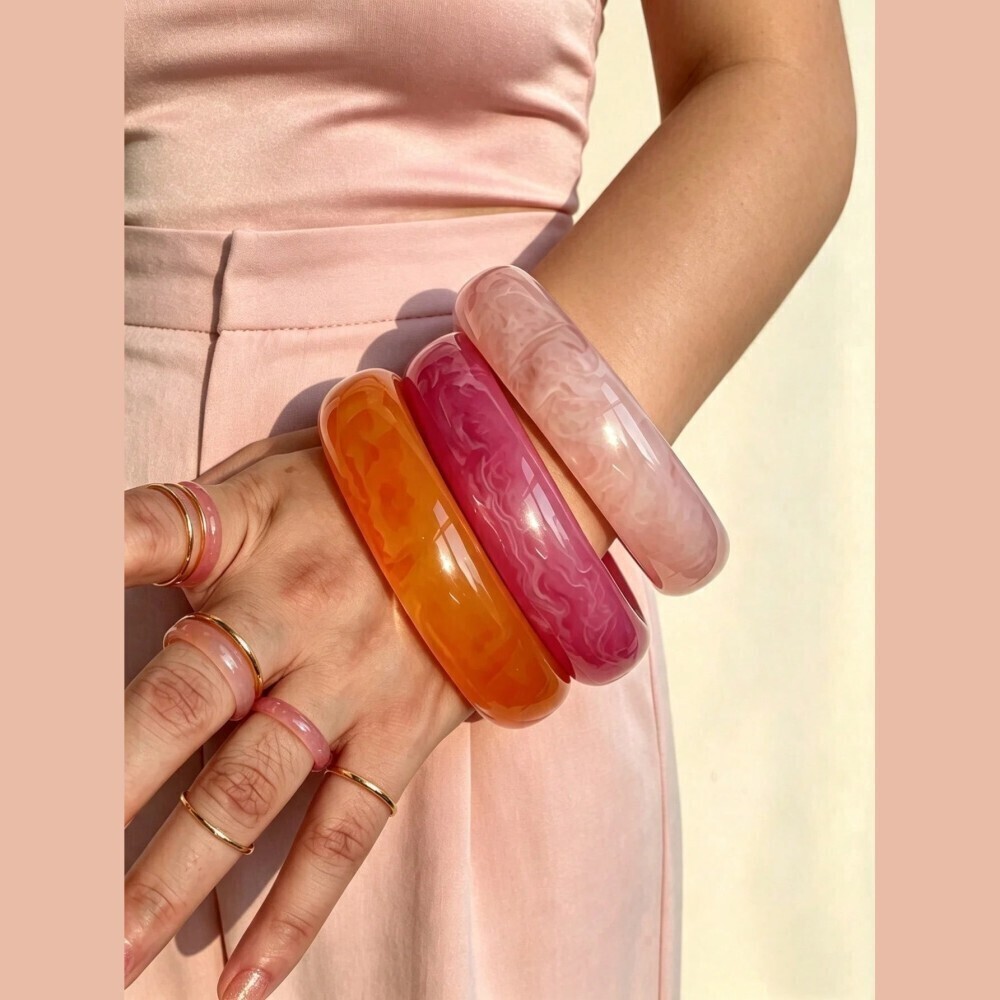 Pink & Orange Marbled Resin Bangle Set - 3pc Chunky Bracelets